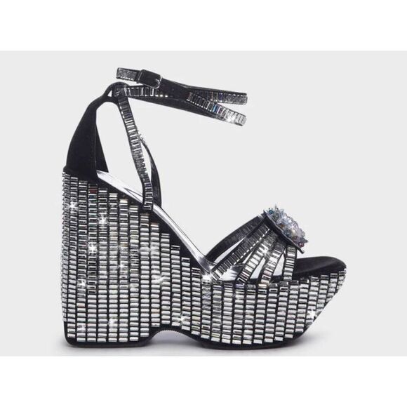BNIB~AZALEA WANG Rosalia Black & Silver Platform Sparkle Wedge Heel Sandals Sz 1 - Picture 8 of 11